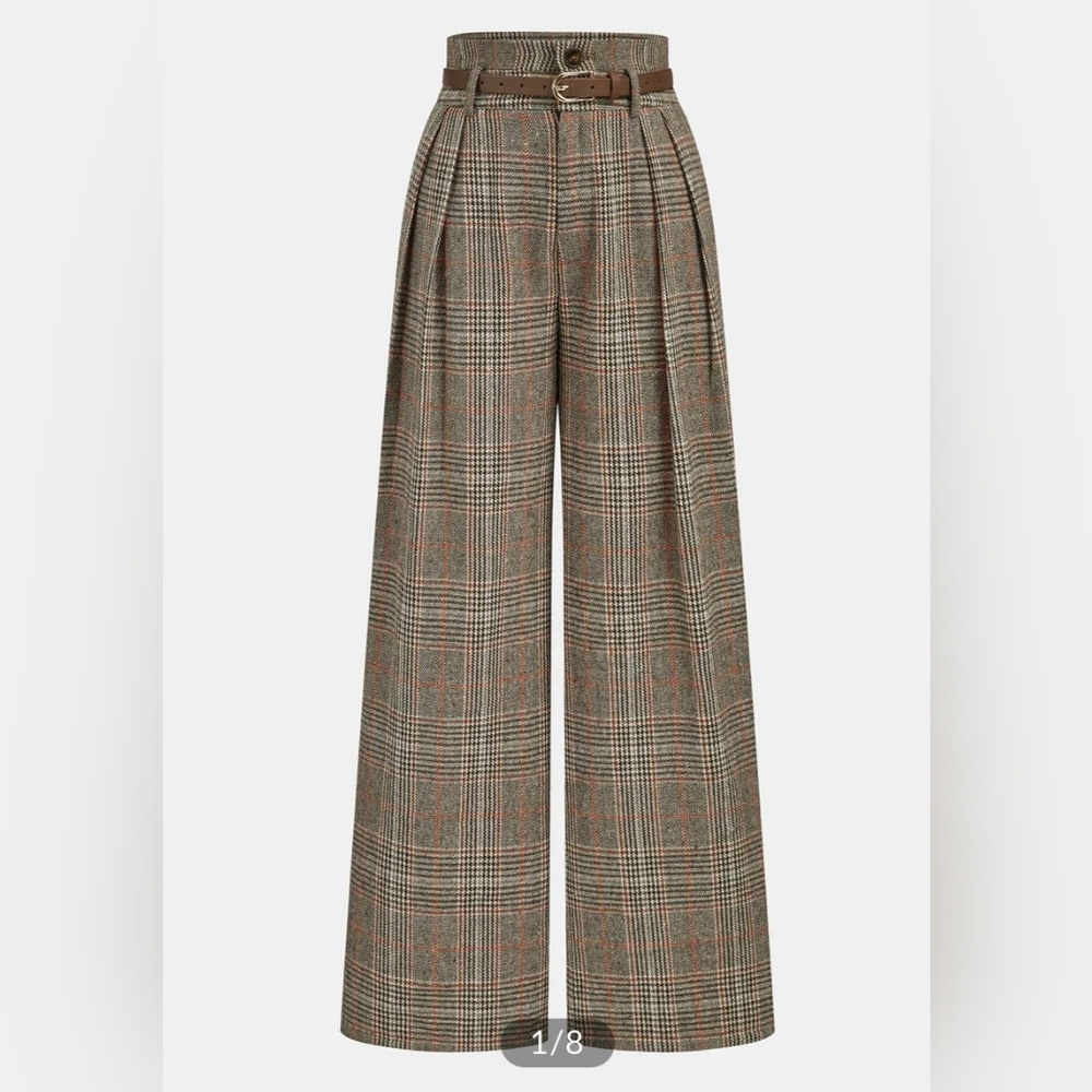 Commense Brown Plaid Wide-Leg Pants